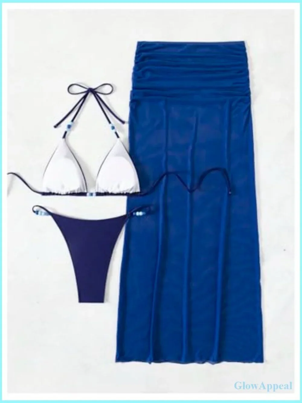 3 Piece Beaded Halter Bikini Set with Sheer Mesh Cover Up Skirts